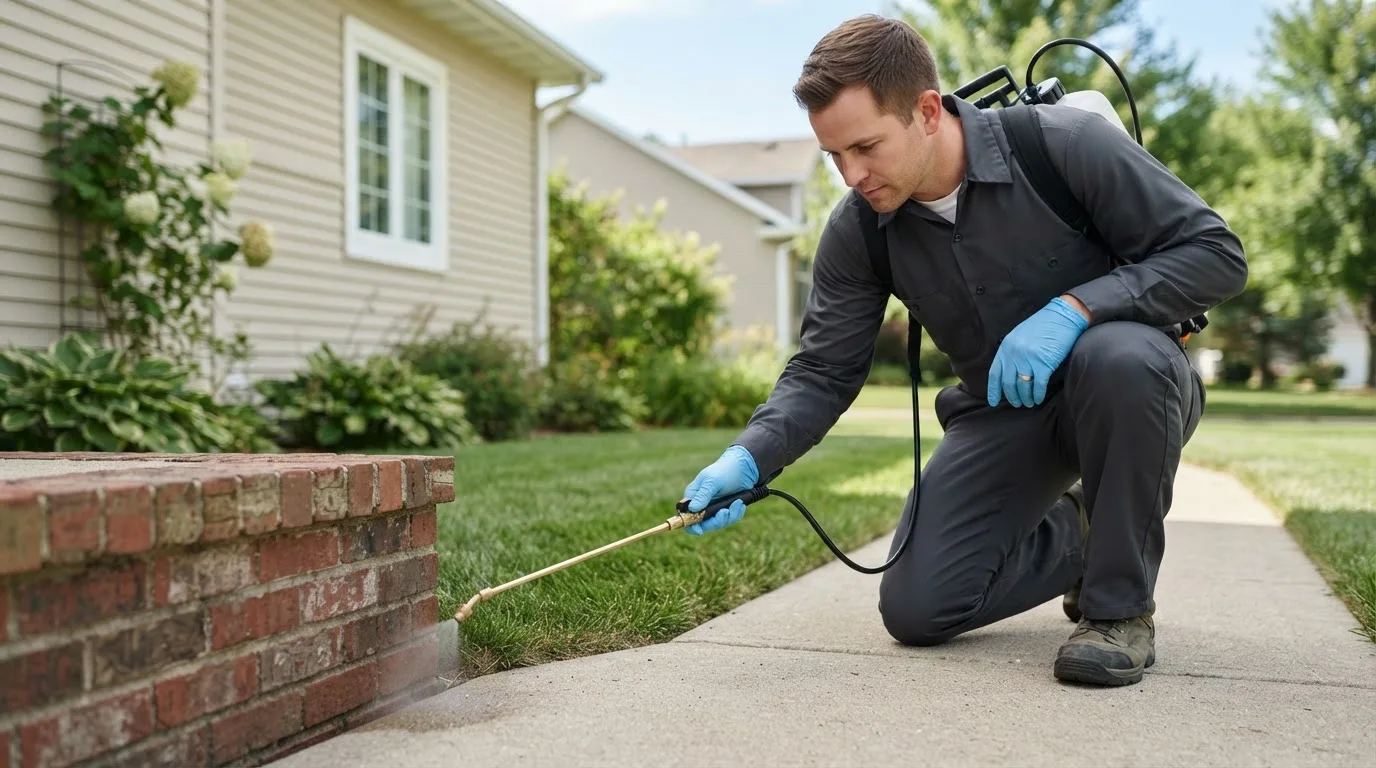 Pest control technician treating a home near Carnesville, GA