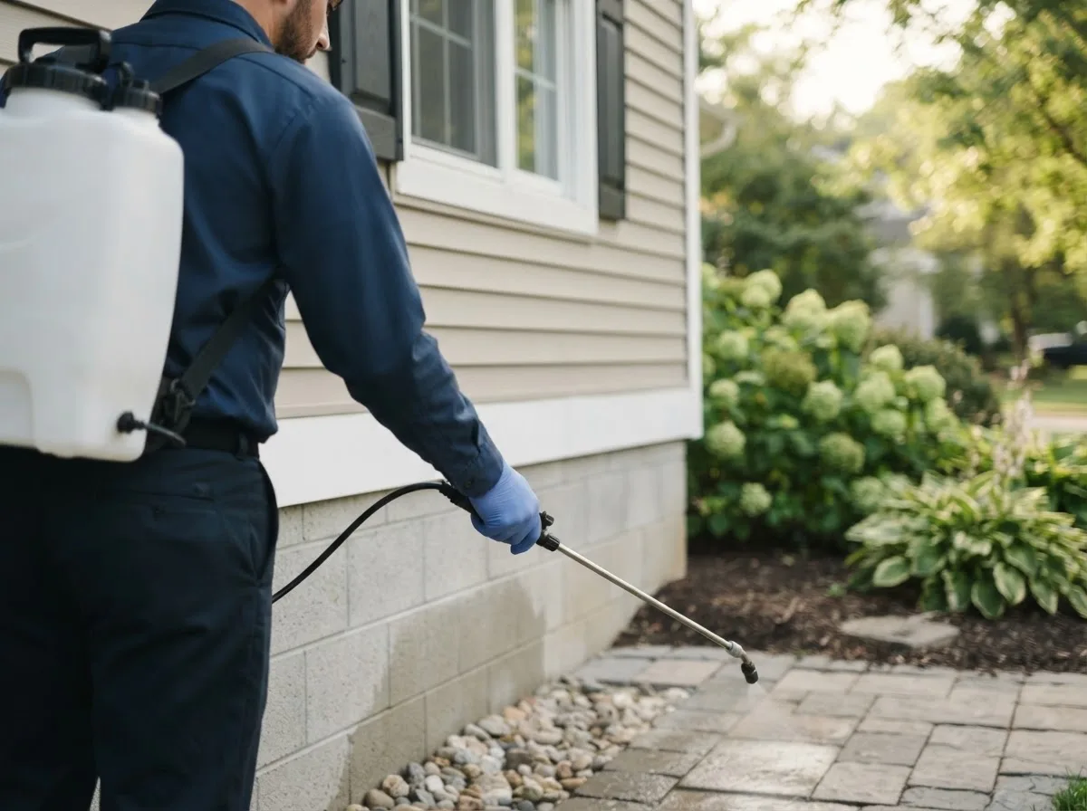 Pest control technician inspecting a home in Carnesville, GA